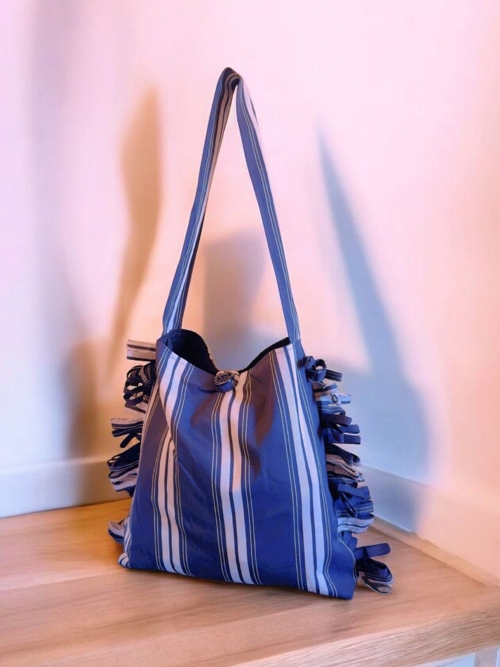 Blue Striped Shoulder Tote with Side Tie Accents